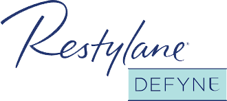 Restylane Defyne logo in dark blue script above a light blue rectangle with the word