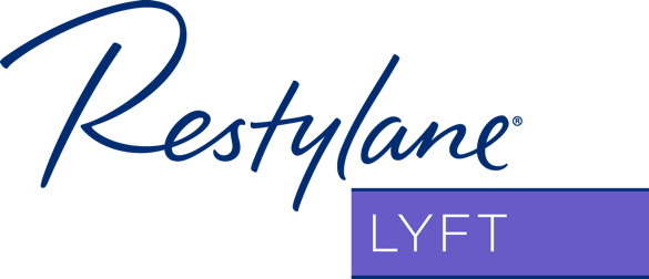 Restylane LYFT logo with blue script and purple rectangle.