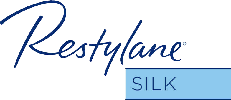 Restylane Silk logo with text in dark blue and light blue background.