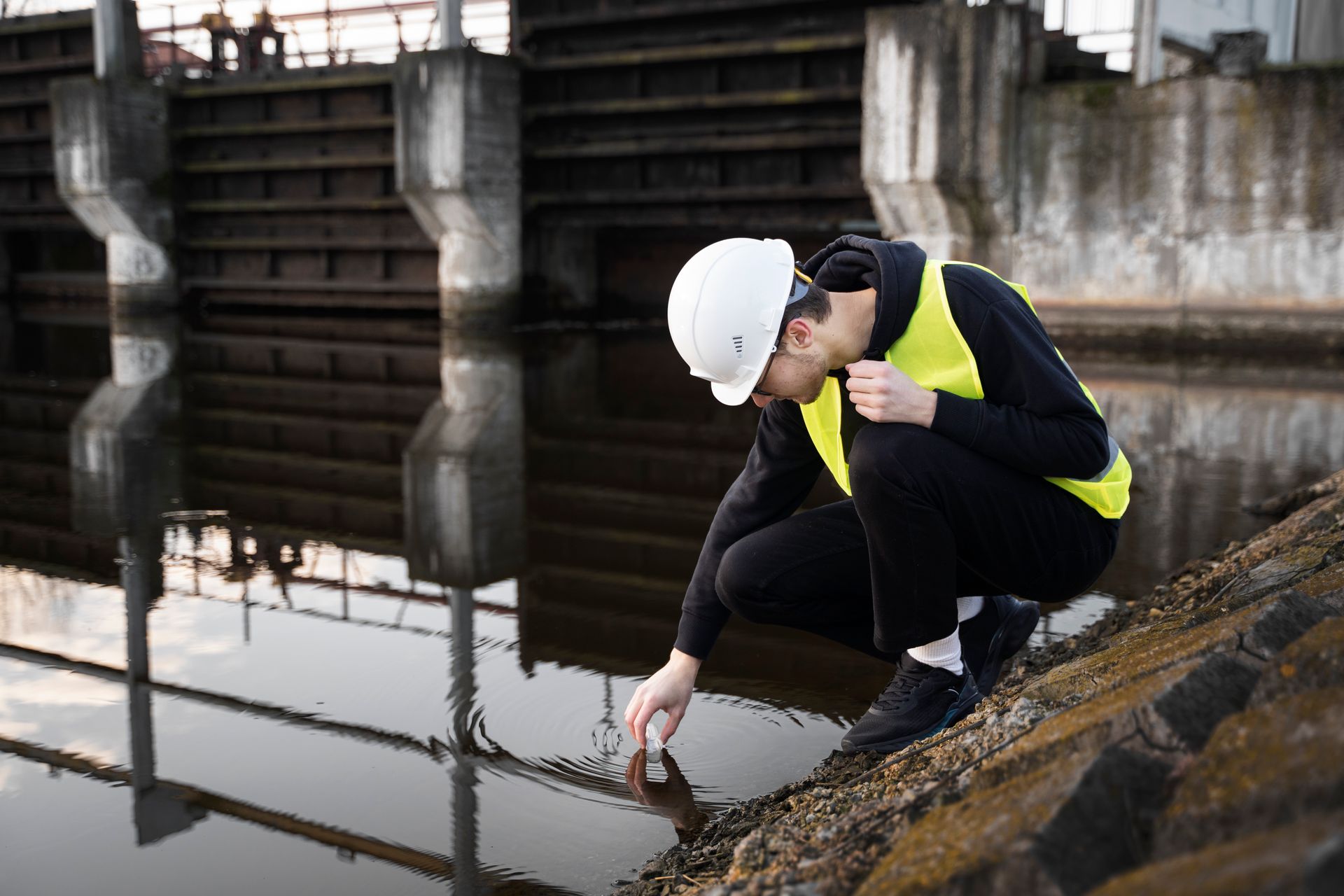 Man in hard hat and vest taking water sample near concrete structure.