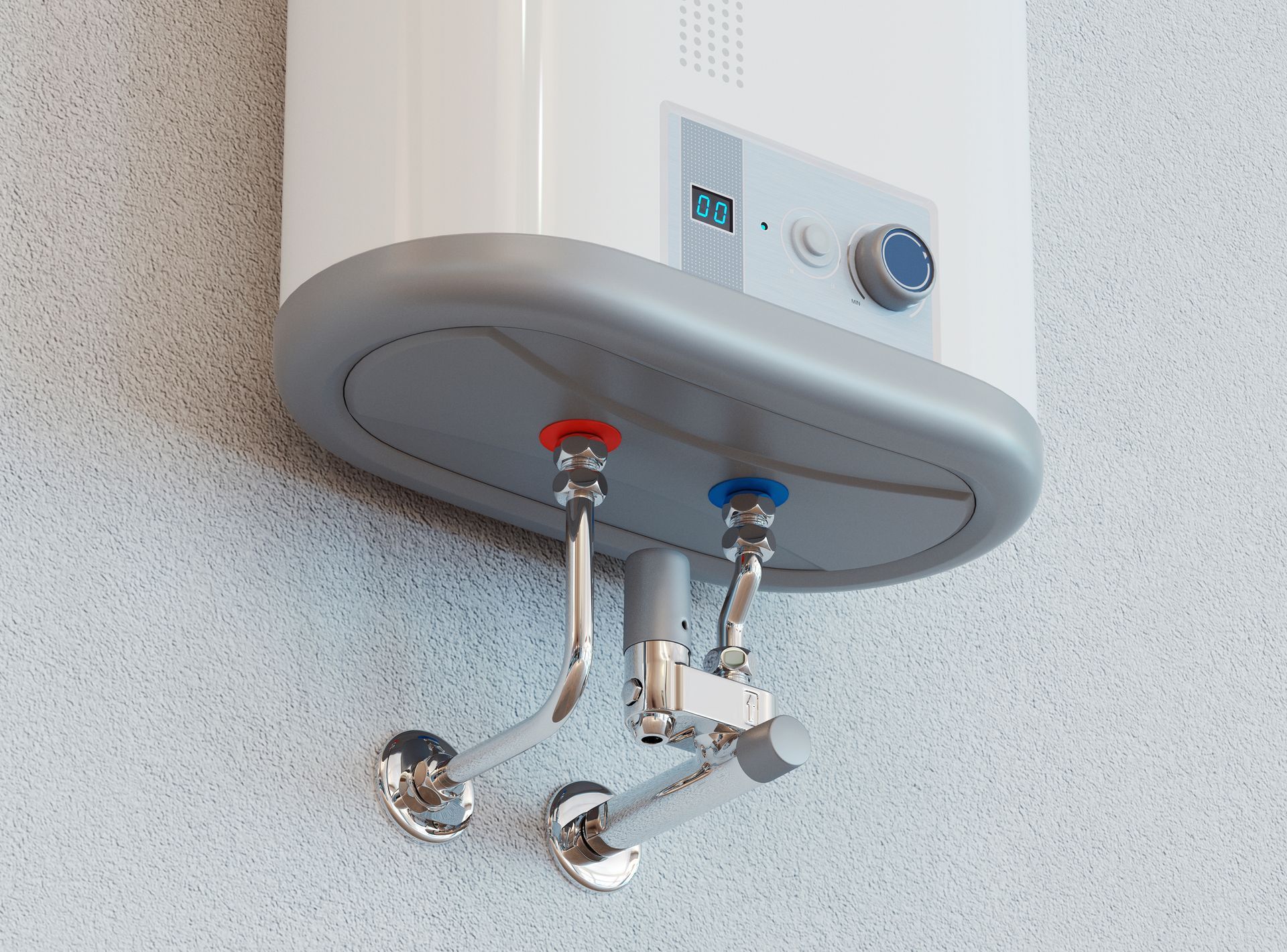 White electric water heater mounted on a textured wall, with red and blue pipes connected.