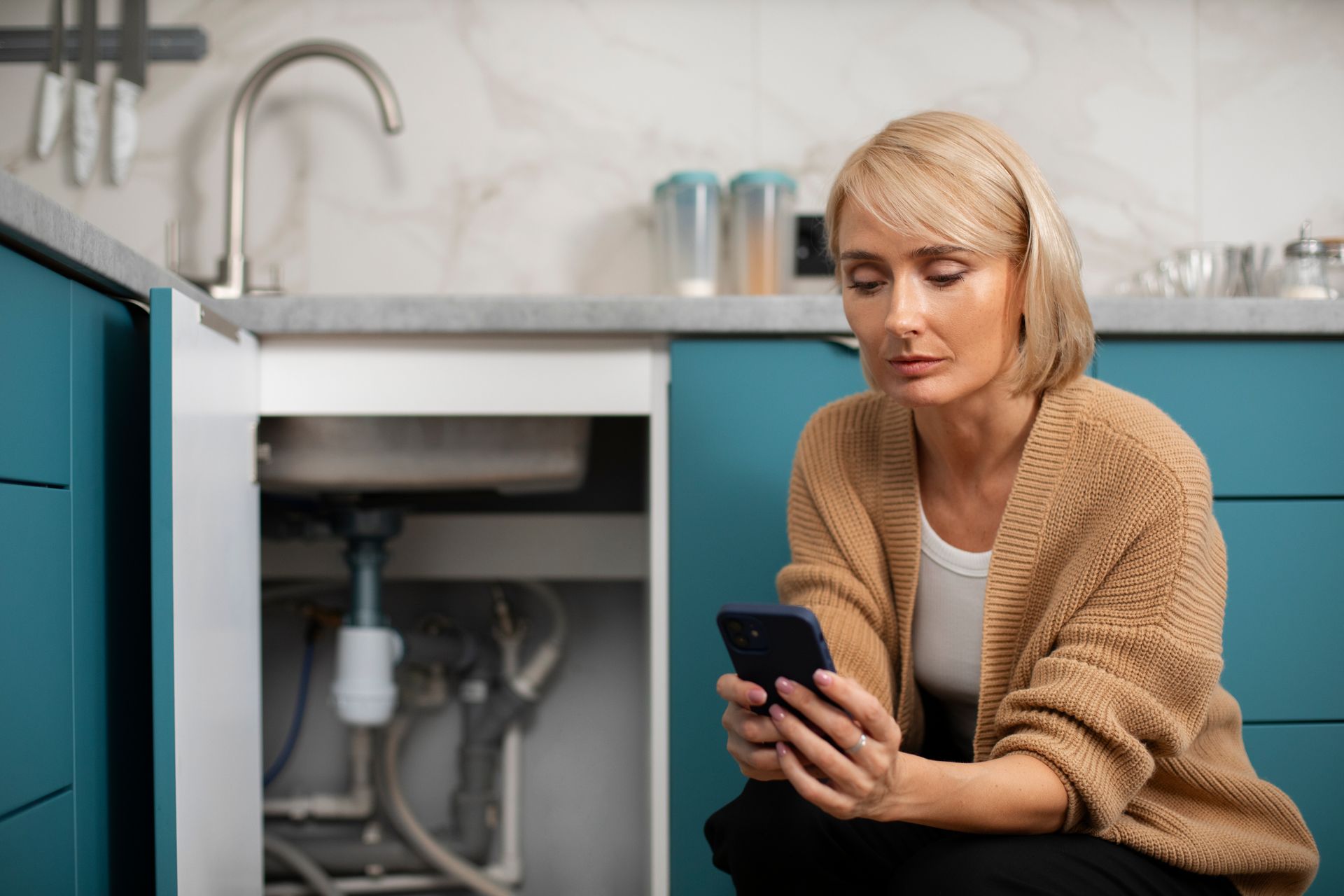Woman looking at her phone under a kitchen sink, appearing concerned.