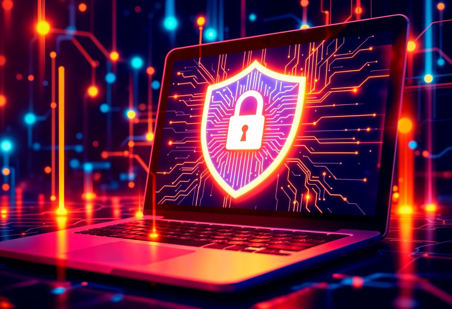 Cybersecurity Protection Shield and Padlock on Laptop Screen