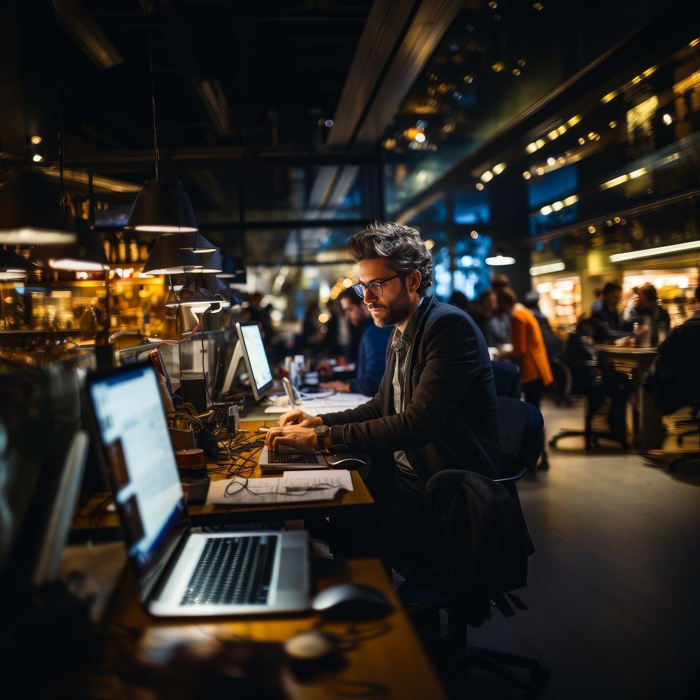 IT Professional Working on Multiple Computers in a Busy Office Environment