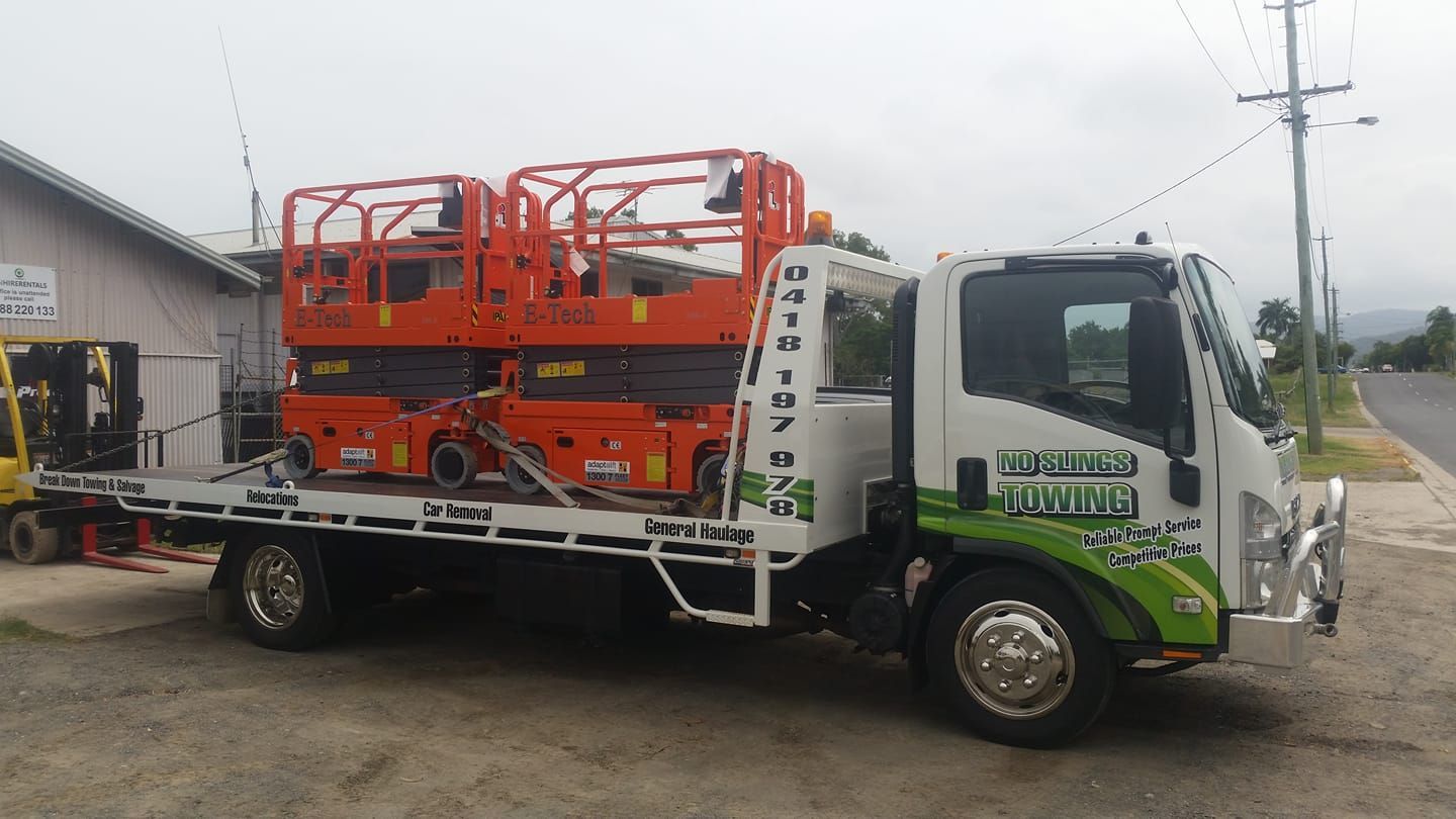 Tow Truck With Two Orange Aerial Lifts on the Flatbed, Parked on a Street — No Slings Towing in Glendale, QLD