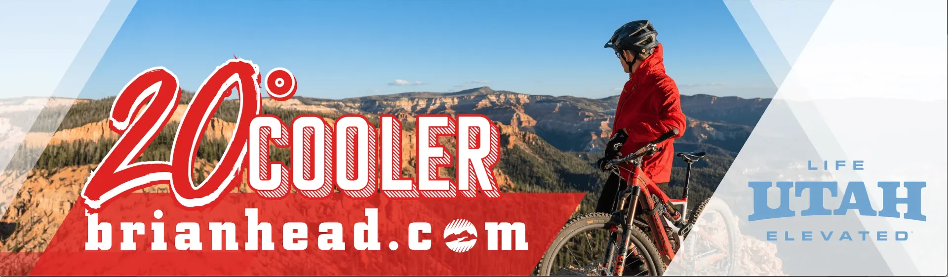 Brian Head ski resort banner with a snowboarder, “20 Cooler” and “utah” text on a snowy mountain backdrop