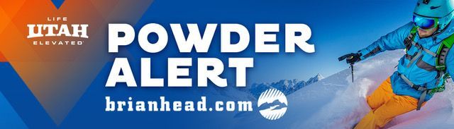 Utah Powder Alert banner with skier on snowy mountain and blue sky, promoting brianhead.com