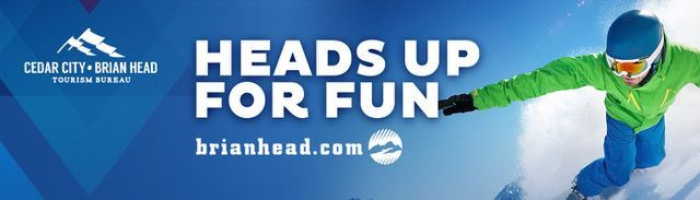 Blue winter sports banner reading “HEADS UP FOR FUN” with a snowboarder in green and white.