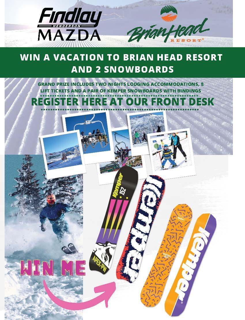 Findlay Mazda ski resort contest poster with snowboards, skis, and “Win Me” prize promotion