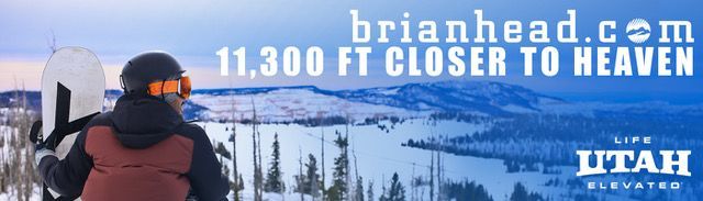 Snowy ski scene with a person in a black jacket under a lift, promoting Brian Head, Utah: “11,300 ft closer to heaven.”