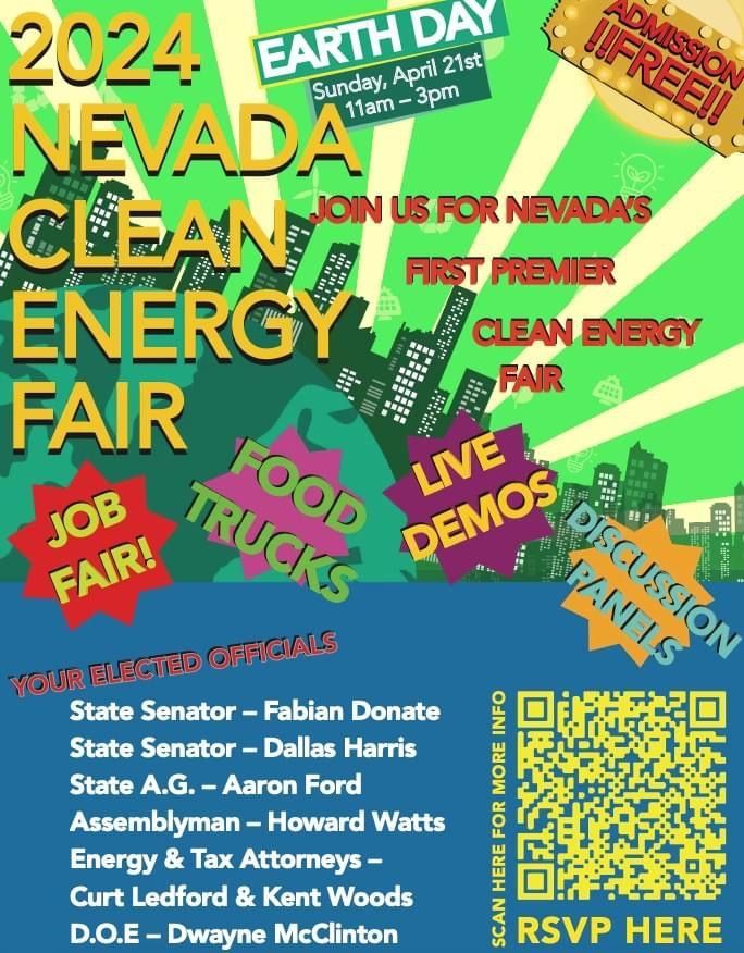 2024 Nevada Clean Energy Fair poster with Earth Day theme, event details, speakers, QR code, and colorful callouts