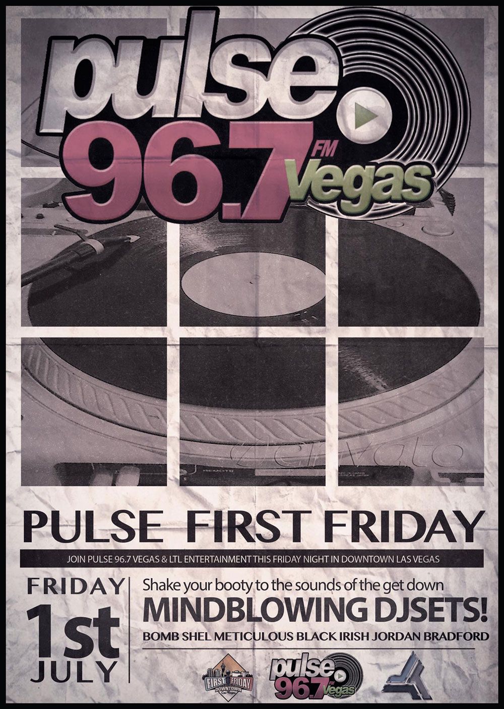 Pulse 96.7 Vegas First Friday event poster with bold pink and black text and abstract circular graphic.