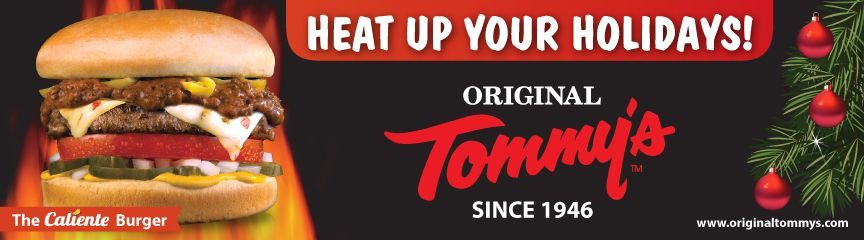 Tommy’s holiday burger ad with “Heat Up Your Holidays!” text, burger, and red festive ornaments