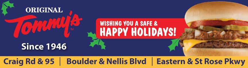 Tommy’s holiday banner with burger, “Wishing you a safe Happy Holidays!” and location list on yellow background
