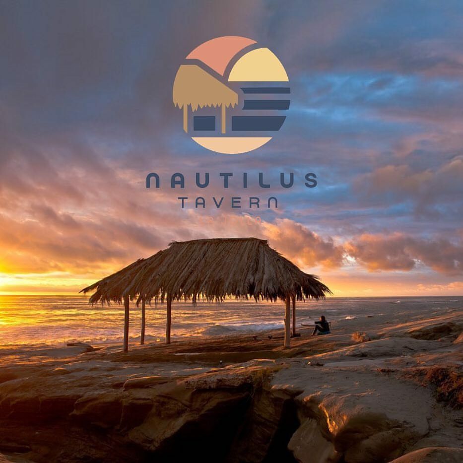 Sunset beach scene with a thatched hut, ocean, and Nautilus Tavern logo overlaid