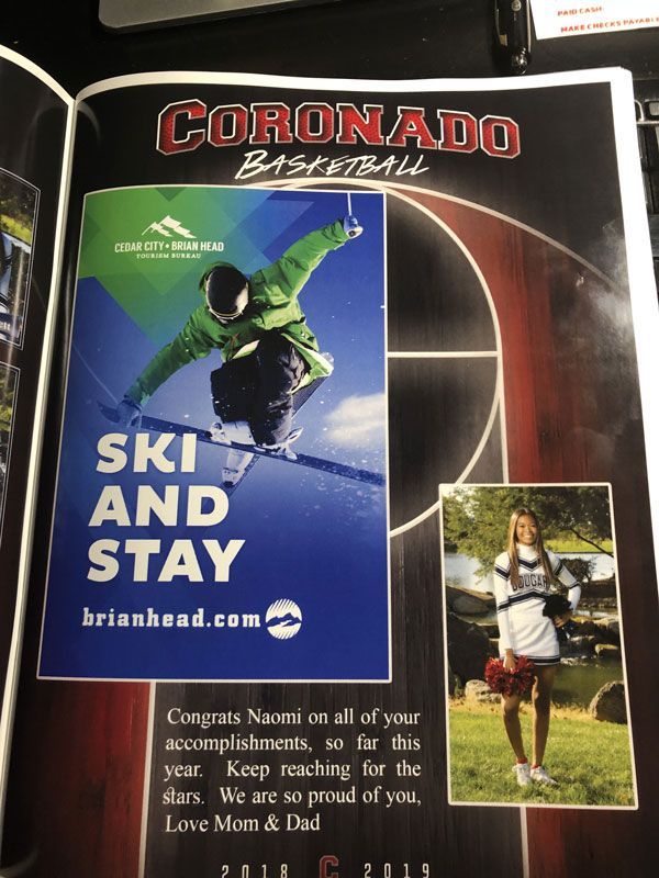 Coronado basketball poster with a ski resort ad and a student-athlete photo on a black background