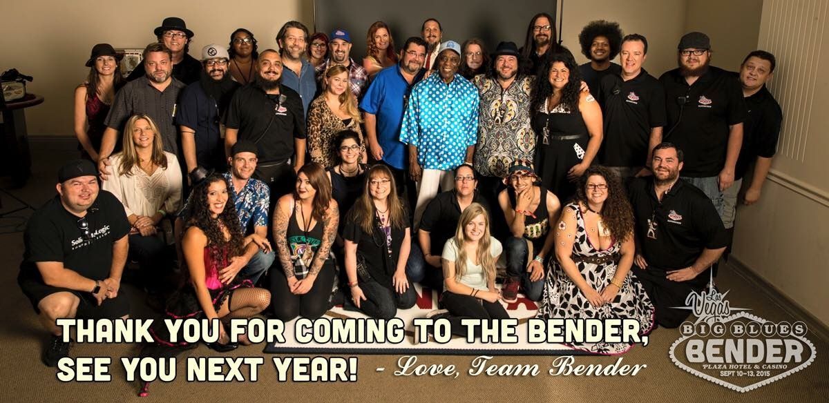 Large group photo of cast and crew indoors, with “Thank you for coming to the Bender” text at bottom.