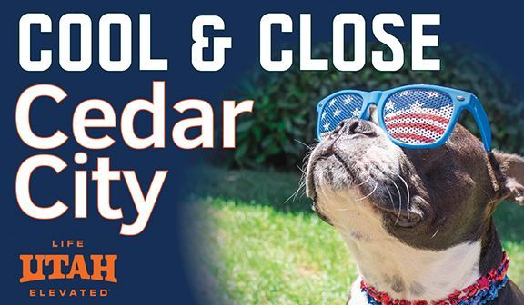 Promo graphic for Cedar City, Utah: dog wearing star-spangled sunglasses against a green park background