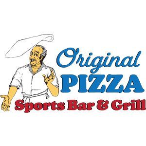 Logo for Original Pizza Sports Bar & Grill with a chef illustration and blue and red text
