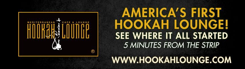 Hookah Lounge ad on black background, gold logo and text: “America’s first hookah lounge.”