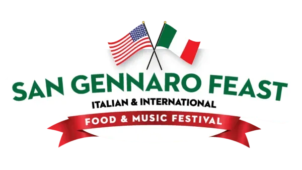 San Gennaro Feast logo with crossed U.S. and Italian flags and red banner reading “Food & Music Festival”