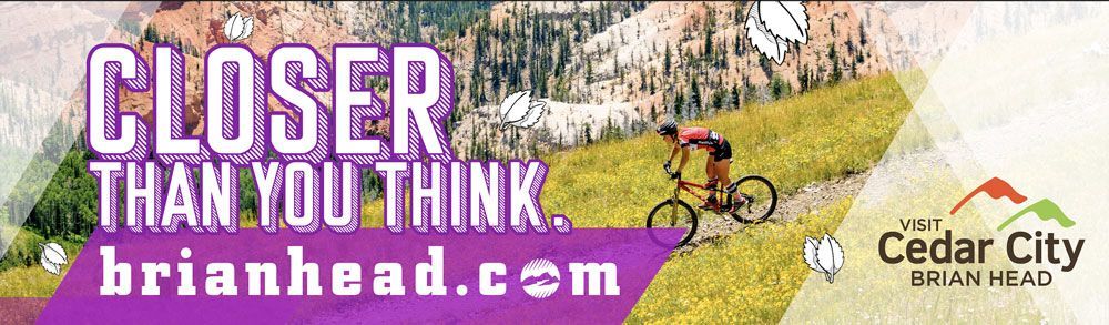 Cedar City, Utah banner with text “Closer Than You Think” and cyclists on a rocky trail
