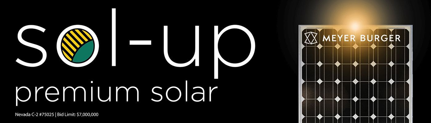 Sol-up premium solar logo with a solar panel graphic on black background