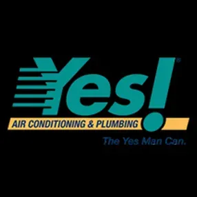 Yes! Air Conditioning & Plumbing logo in teal and orange on a black background, with “The Yes Man Can.”
