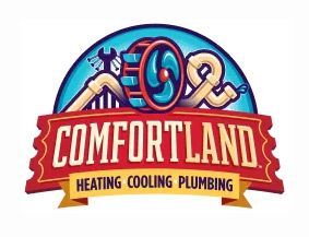 Comfortland logo with heating, cooling and plumbing tools in red, blue and gold