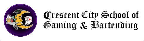 Crescent City School of Gaming & Bartending logo with a purple and gold crest and blackletter text