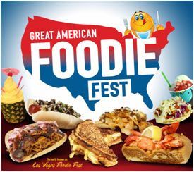 Great American Foodie Fest logo with U.S. map, smiling mascot, and assorted foods on a red background