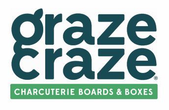 Graze Craze logo with teal text and green banner reading “Charcuterie Boards & Boxes”