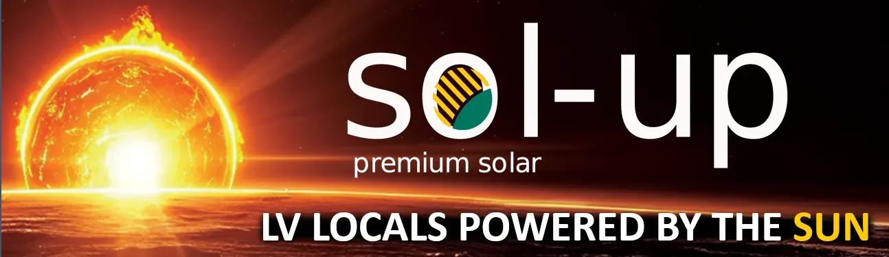 Sol-up premium solar logo on a fiery sunrise background with the slogan “LV LOCALS POWERED BY THE SUN”
