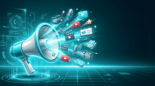 Glowing megaphone projecting digital media icons on a teal futuristic background