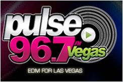 Pulse 96.7 Vegas logo with pink and white text, green “Vegas,” and “EDM for Las Vegas” tagline