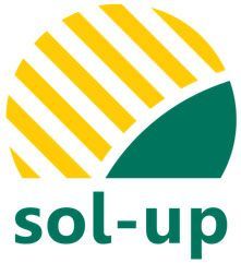 Sol-up logo with yellow sun rays over green leaf and teal text
