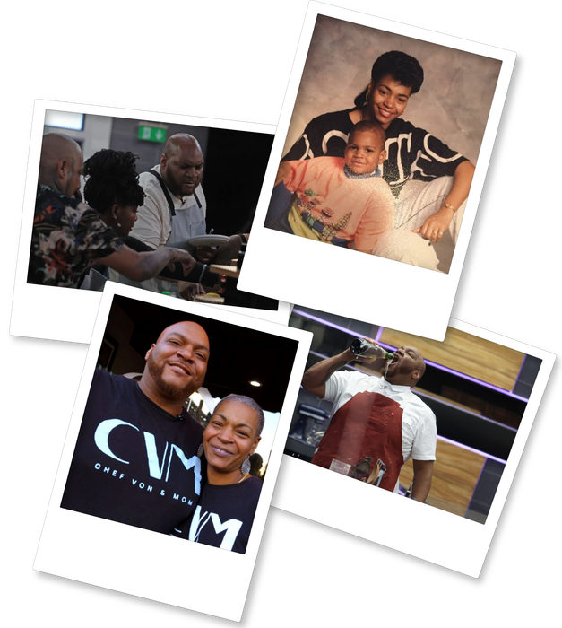 Photos of chef von ranging from his time on the Next Level Chef and an old photo of him with his mom