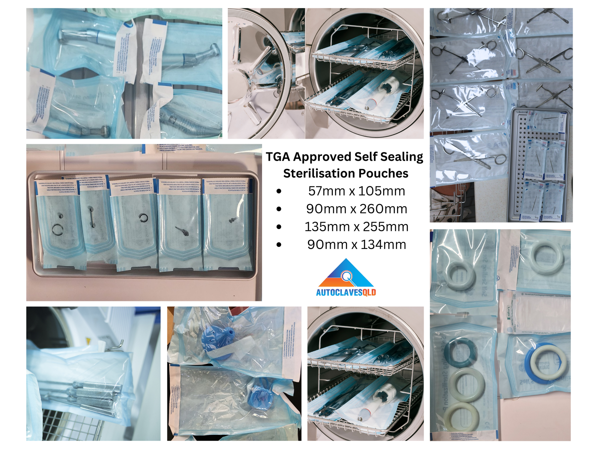 Photo collage of medical, dental, tattoo, physiotherapy, podiatry instruments in pouches for sterilisation.