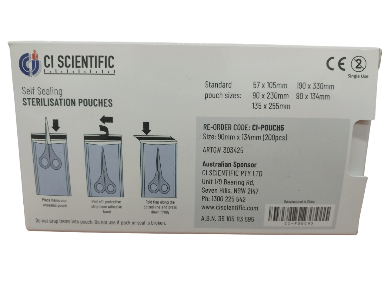 Photo of the back of the sterilisation pouches showing sizes, order code and TGA number