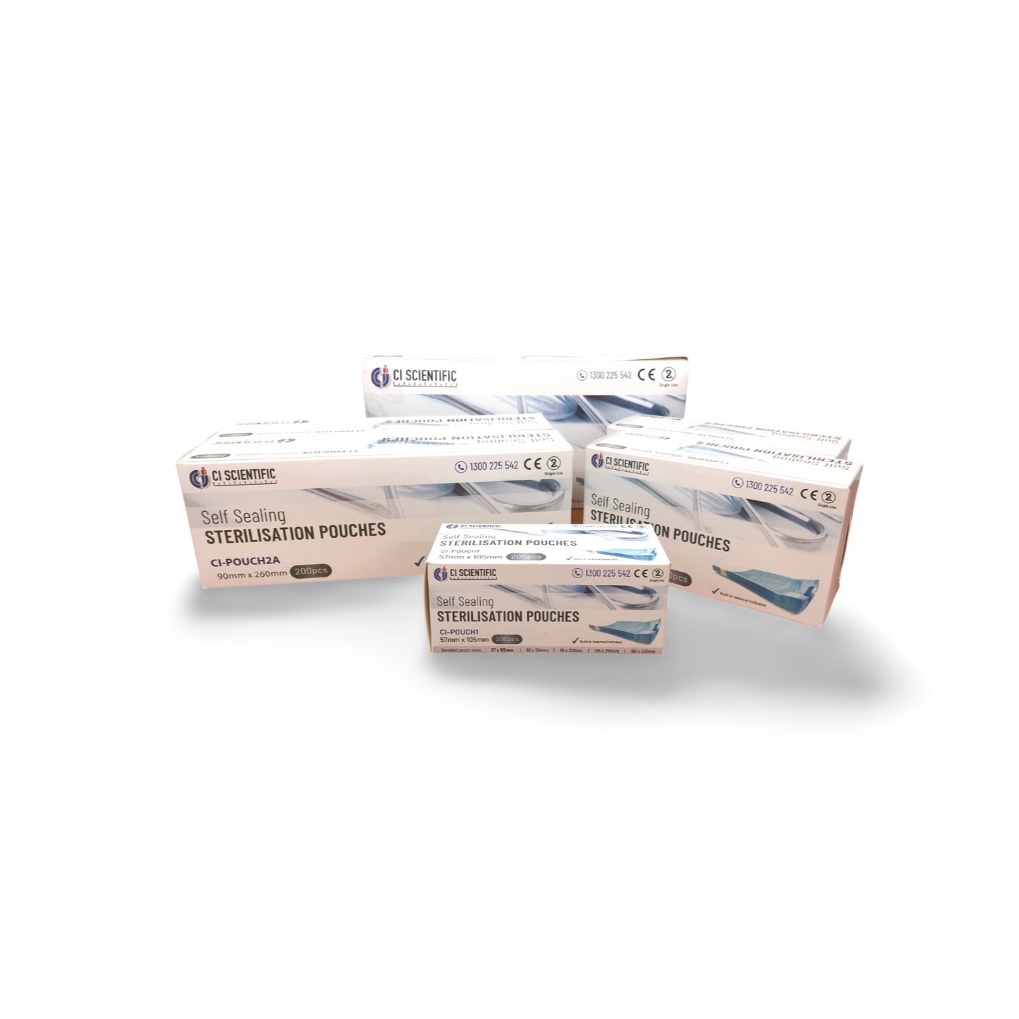 Photo of all CI Scientific TGA Approved sterilisation boxes in various sizes.