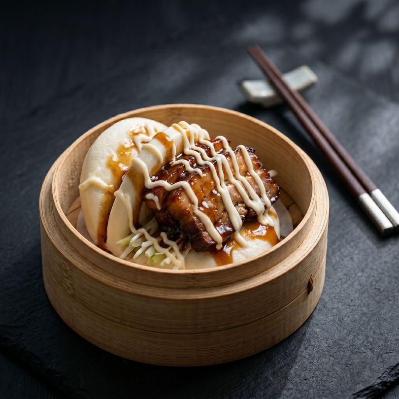 Steamed dumplings in a bamboo basket, drizzled with sauce, with chopsticks on a dark table.