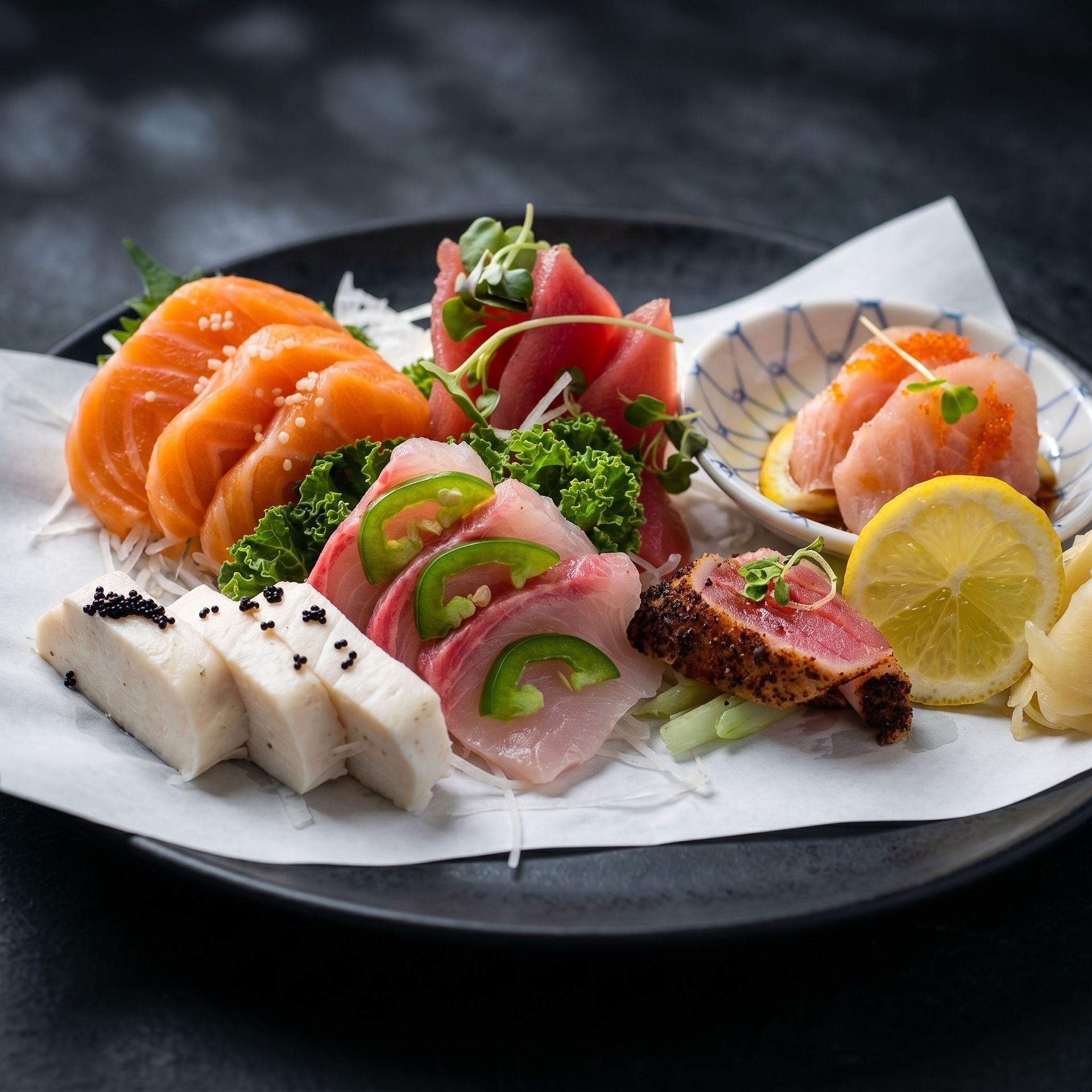 Assorted sushi and sashimi platter with salmon, tuna, shrimp, lemon, and greens on a dark plate