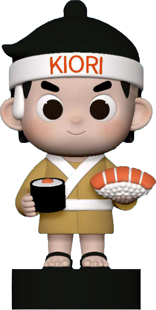 Cartoon sushi chef figurine in beige uniform, holding a sushi tray and a soy sauce cup on a black base.