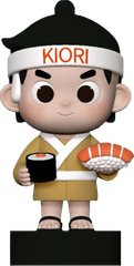 Cartoon sushi chef figurine in beige uniform, holding a sushi tray and a soy sauce cup on a black base.