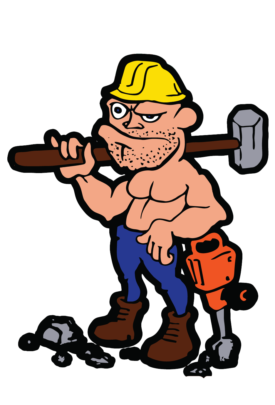 Cartoon construction worker holding a hammer, wearing a yellow hard hat and orange tool pouch, beside scattered bolts.
