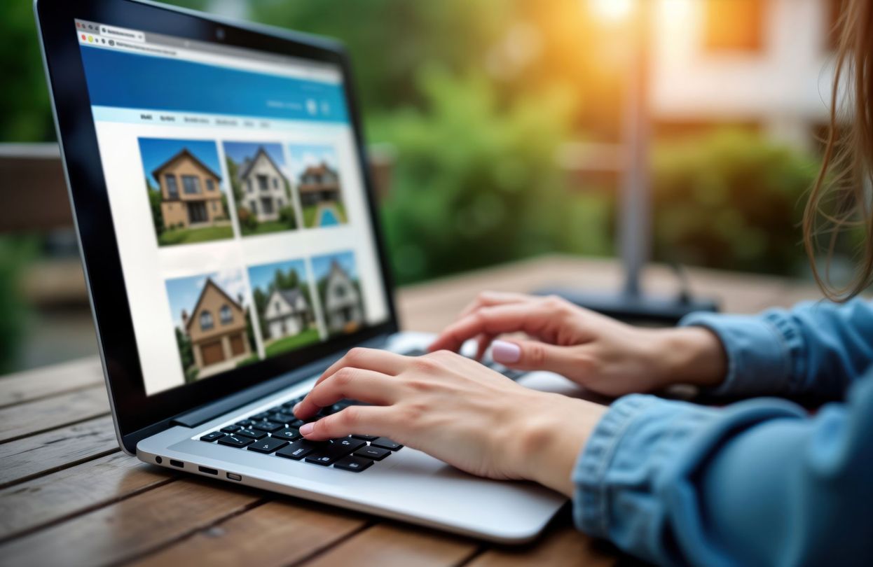 Hands typing on a laptop showing house listings on a screen outdoors on a wooden table