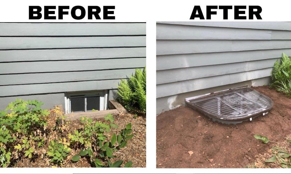 Egress Window repair before and after picture. An uncovered window shown in before picture, and a covered one shown in after.
