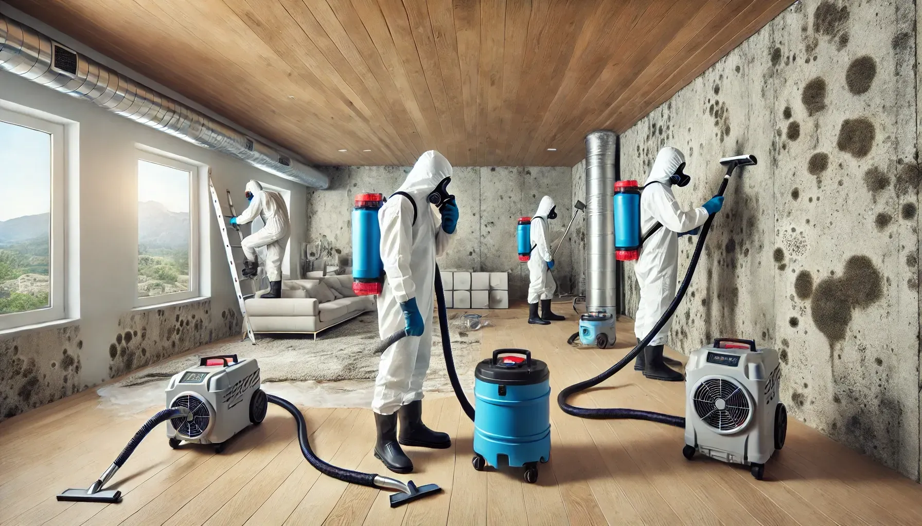 Professional mold removal in progress. Workers are are PPE suits while tackling mold.