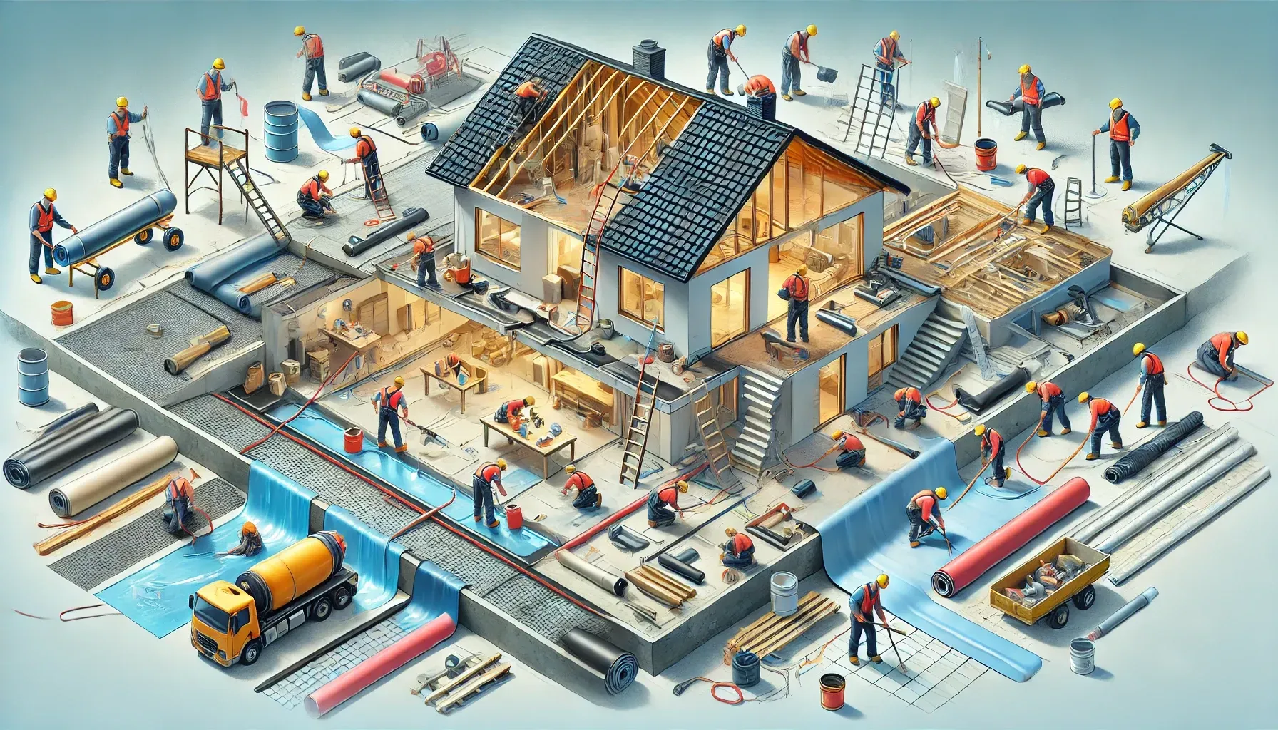 Different methodologies of Waterproofing Depicted, including Roof Waterproofing, basement waterproofing and more. 
