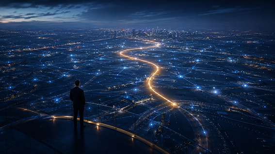MaxMORIX EXPERTS A human figure stands on a high balcony overlooking a vast illuminated landscape of AI-generated networks and pathways, symbolising human judgment guiding abundant machine intelligence.
